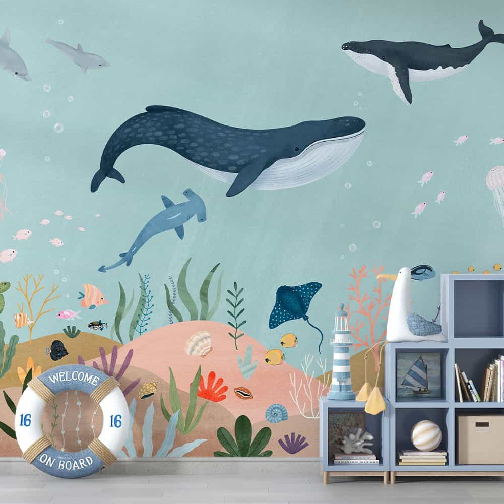 Papel de parede Baleias e Tubarão-Martelo no Oceano
