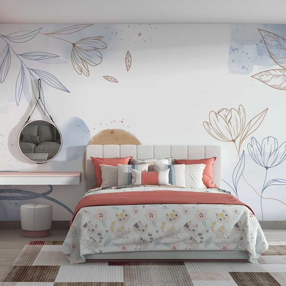 Papel de parede Flores em Traço Dourado e Azul
