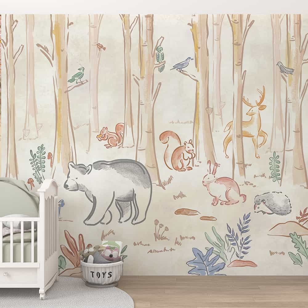 Papel de parede Bosque Ilustrado com Urso e Cervo