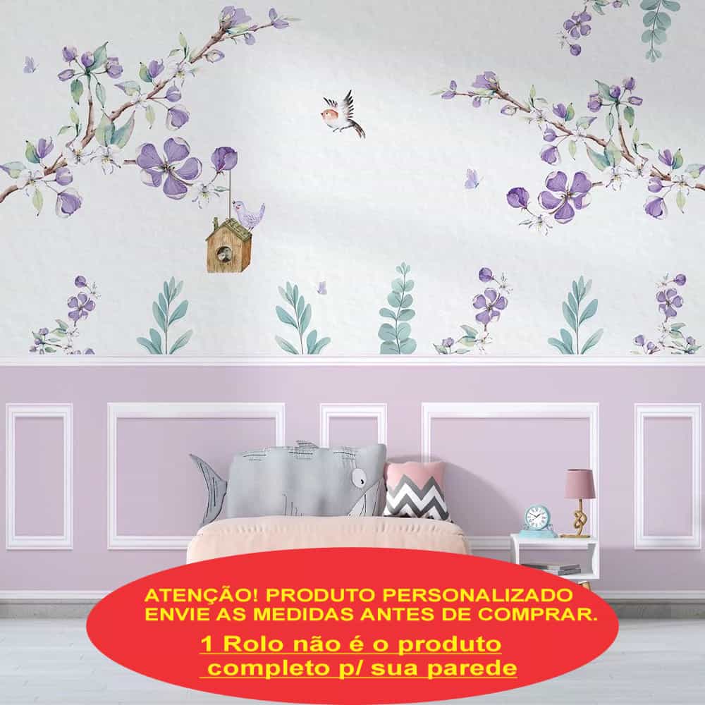 Papel de parede Jardim Encantado Lilás com Pássaros