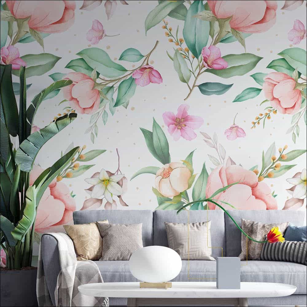 Papel de parede Peônias e Cerejeiras em Aquarela Rosa