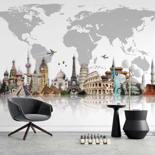 Papel de parede Maravilhas do Mundo com Mapa-Múndi