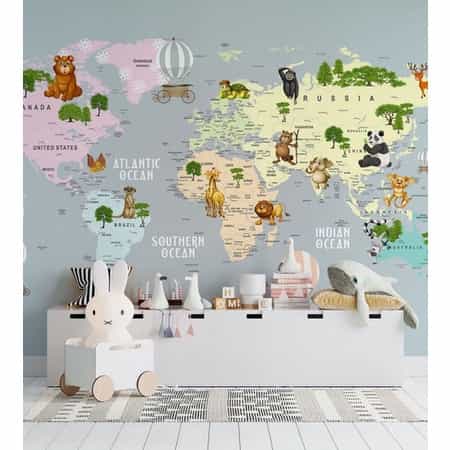 Papel de parede Mapa-Múndi dos Animais em Fundo Cinza