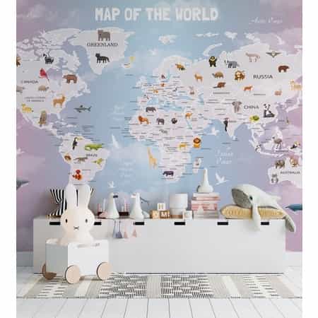 Papel de parede Mapa-Múndi dos Animais em Céu Lilás