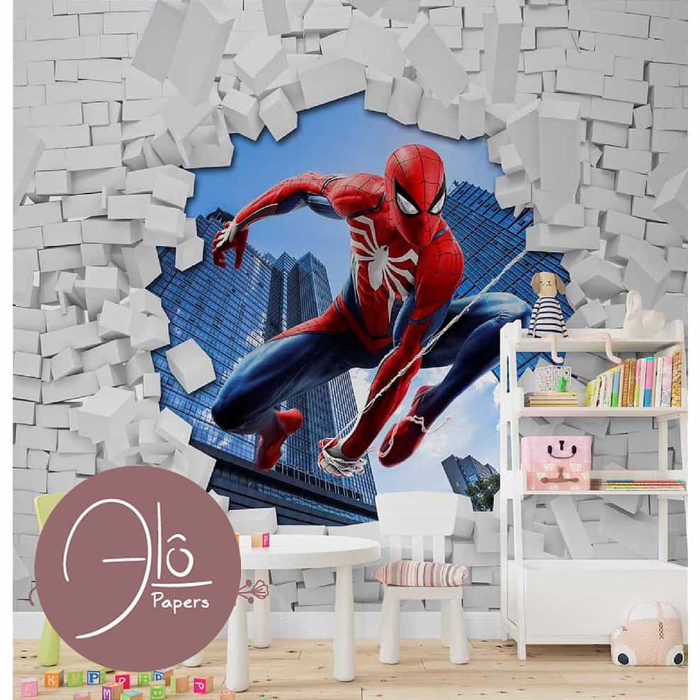 Papel de parede Homem-Aranha Saltando da Parede 3D