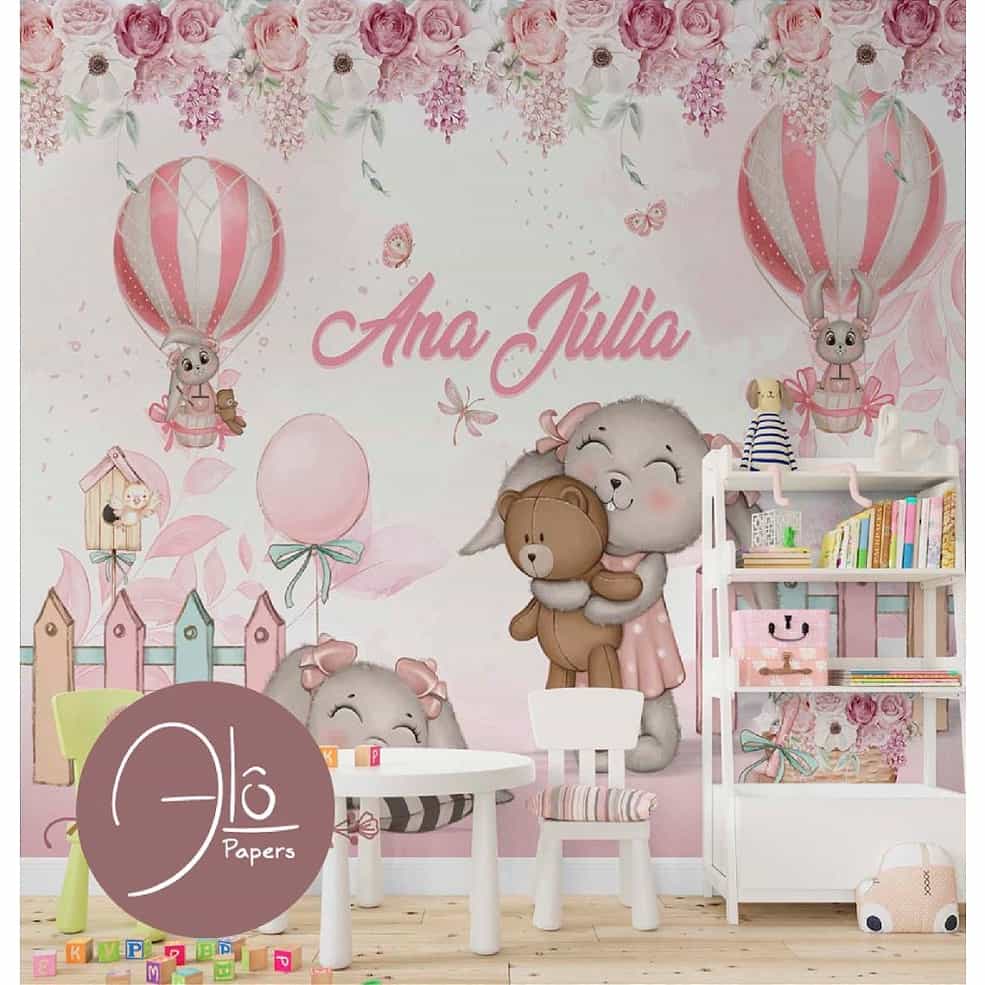 Papel de parede Coelhinhas e Balões com Nome Personalizado