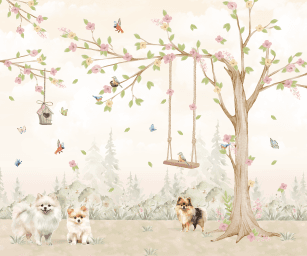 Jardim com Cachorros Filhotes em Fundo Aquarela Borboletas Flores