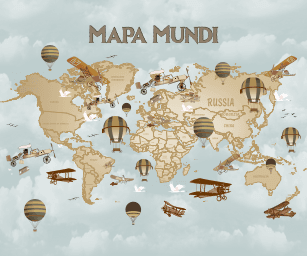 Mapa-Múndi Bege e Fundo Azul com Aviões e Balões