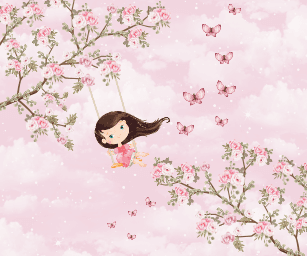 Menina no Jardim com Pássaros em Tons Pastel e Flores com Árvores
