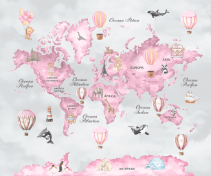 Mapa-Múndi Rosa e Cinza com Animais e Balões