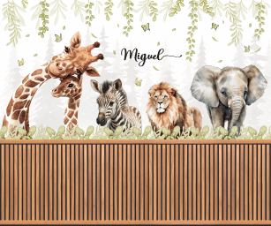 Safari Girafa Zebra Leão Elefante com Ramas de Folhas