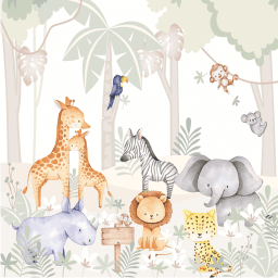 Safari em Tons Pastéis em Aquarela Zebra Elefante Leão Pássaros