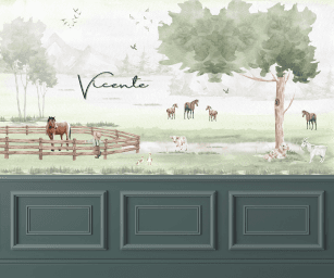 Fazendinha em Tons de Verde Aquarela com Cavalo e Outros Animais