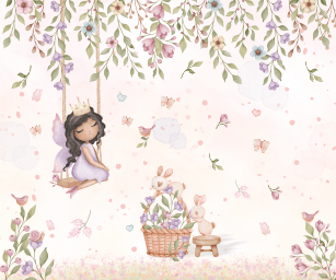 Menina no Balanço com Rama de Flores e Borboletas Aquarelado