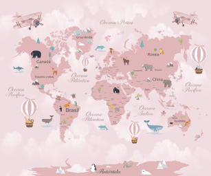 Mapa-Múndi Rosa Animais com Balões