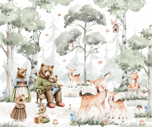 Animais na Floresta com Borboletas Ursos Coelhos Coruja em Tons
