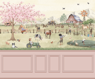 Fazenda com Árvore Rosa e Animais na Fazendinha em Aquarela