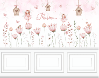 Rama de Flores Rosas com Fadas e Borboletas Aquarela