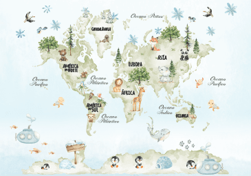 Mapa-Múndi Tons Claros com Animais Leão Raposa Urso Baleia
