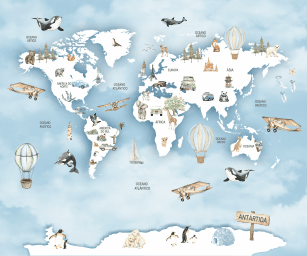 Mapa-Múndi em Tons Azuis com Animais e Balões