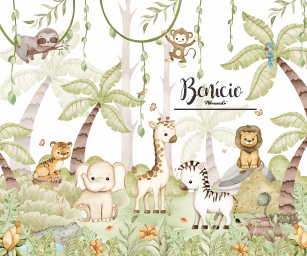 Safari, Animais na Selva em Aquarela, Tons de Verde