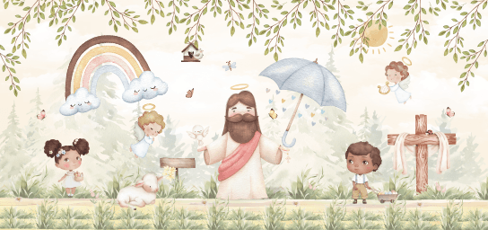 Jesus Criancas Arco-Íris Jardim Aquarela