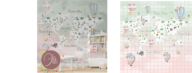 Mapa-Múndi Aquarela, Balões, Animais