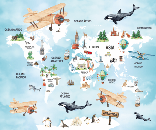 Mapa-Múndi Azul Animais e Aviões para Crianças