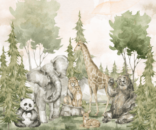 Safari Leão Girafa Urso em Aquarela Tom Pastel