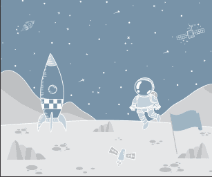 Astronauta no Espaço com Foguete em Azul Pastel