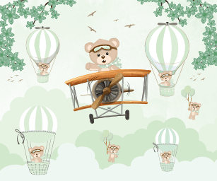 Urso Piloto e Balões Tons de Verde Pastel