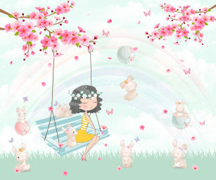 Menina no Balanço com Cerejeira Arco-Íris e Coelhos