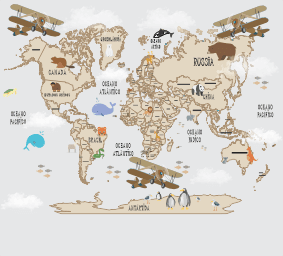 Mapa-Múndi Vintage Sépia Aviões