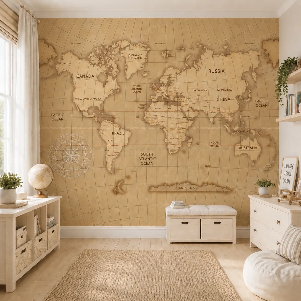 Mapa-Múndi Vintage com Bússola