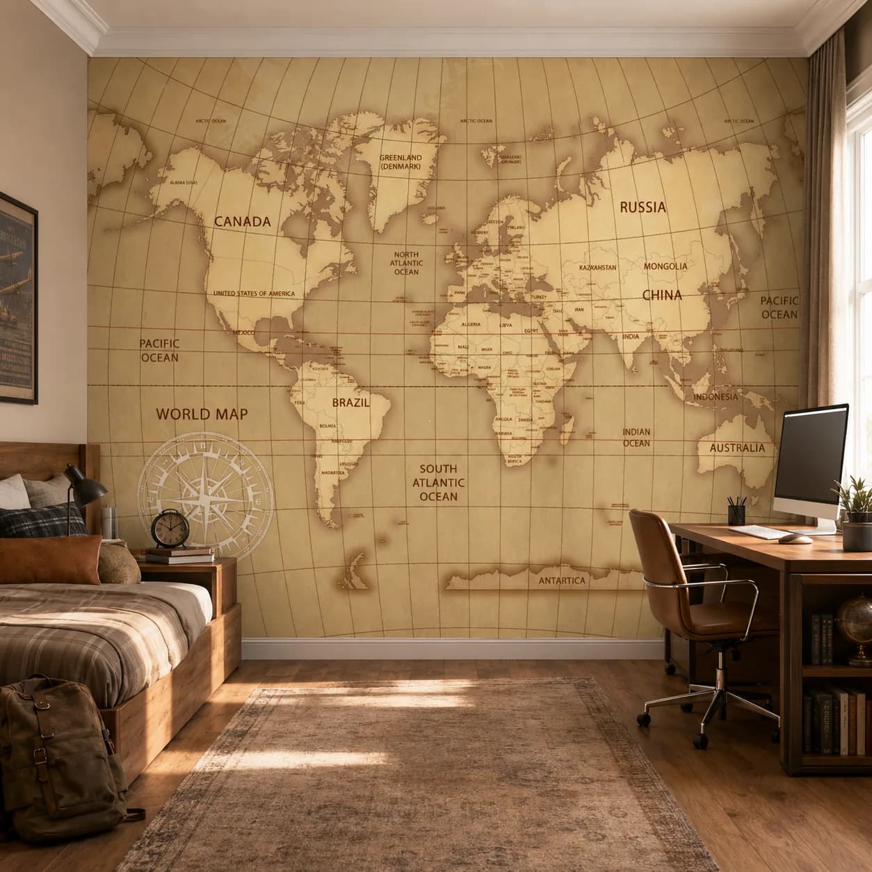 Mapa-Múndi Vintage com Bússola