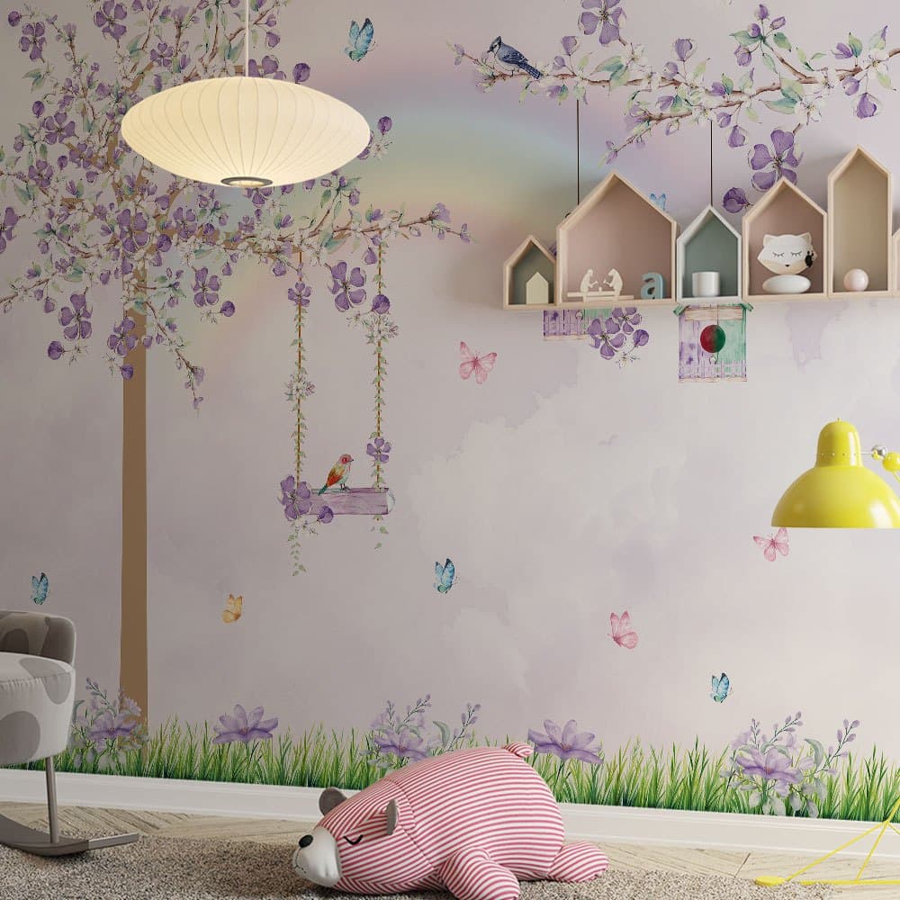 jardim encantado lilás em tom pastel com borboletas