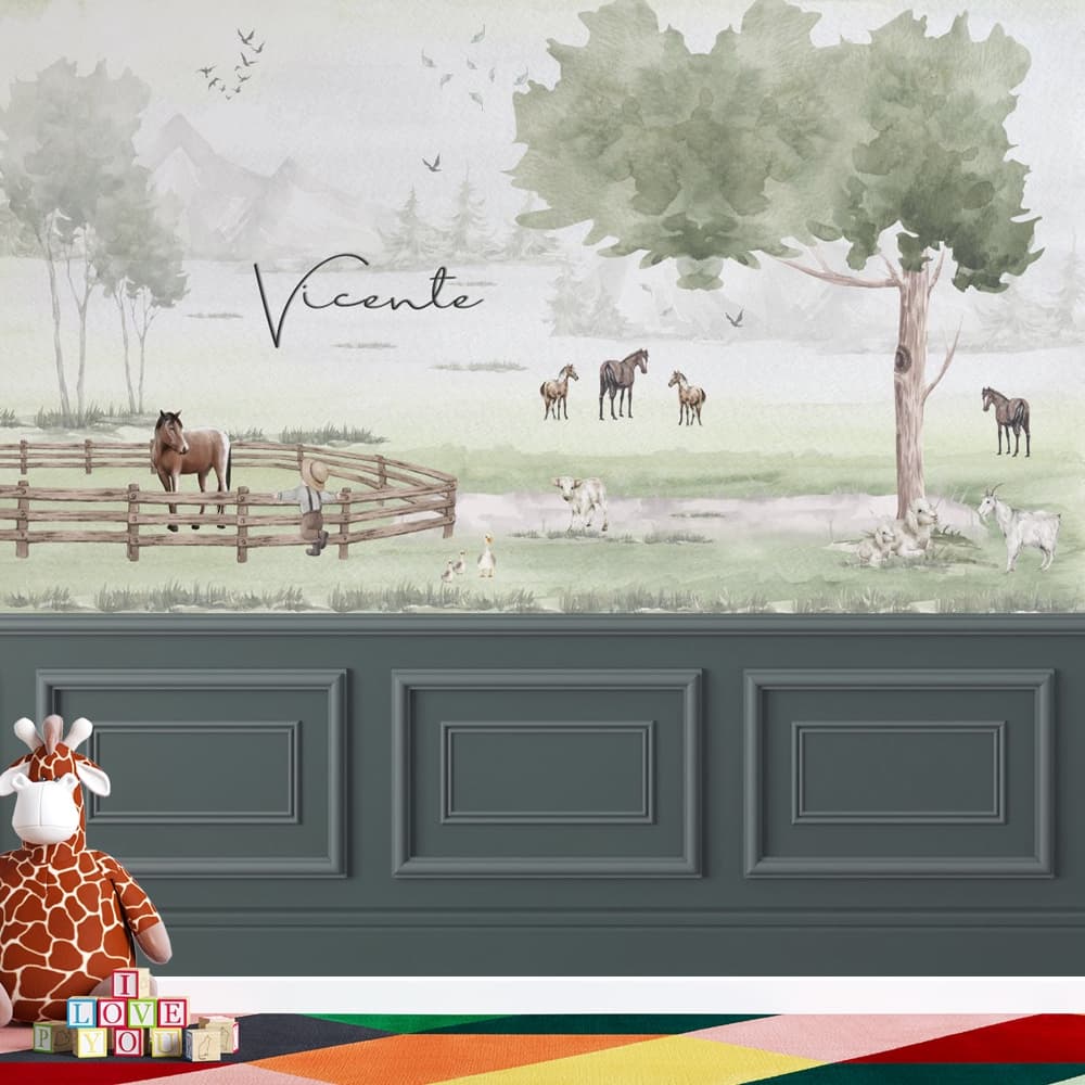 fazendinha infantil em tons de verde aquarela com cavalo e outros animais