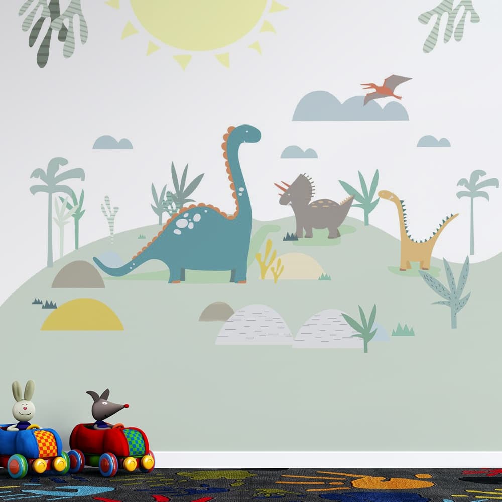 jardim dos dinossauros infantil em tons pasteis