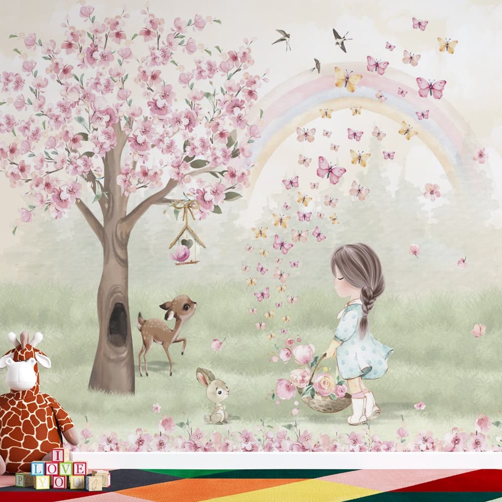 jardim encantado com menina e árvore cerejeira