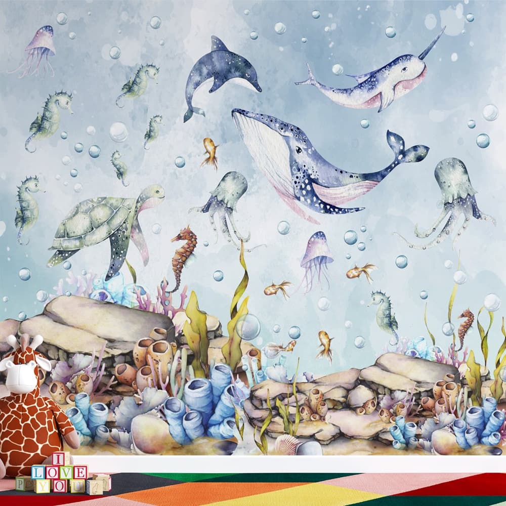 fundo do mar em aquarela com tons de azul baleia golfinho