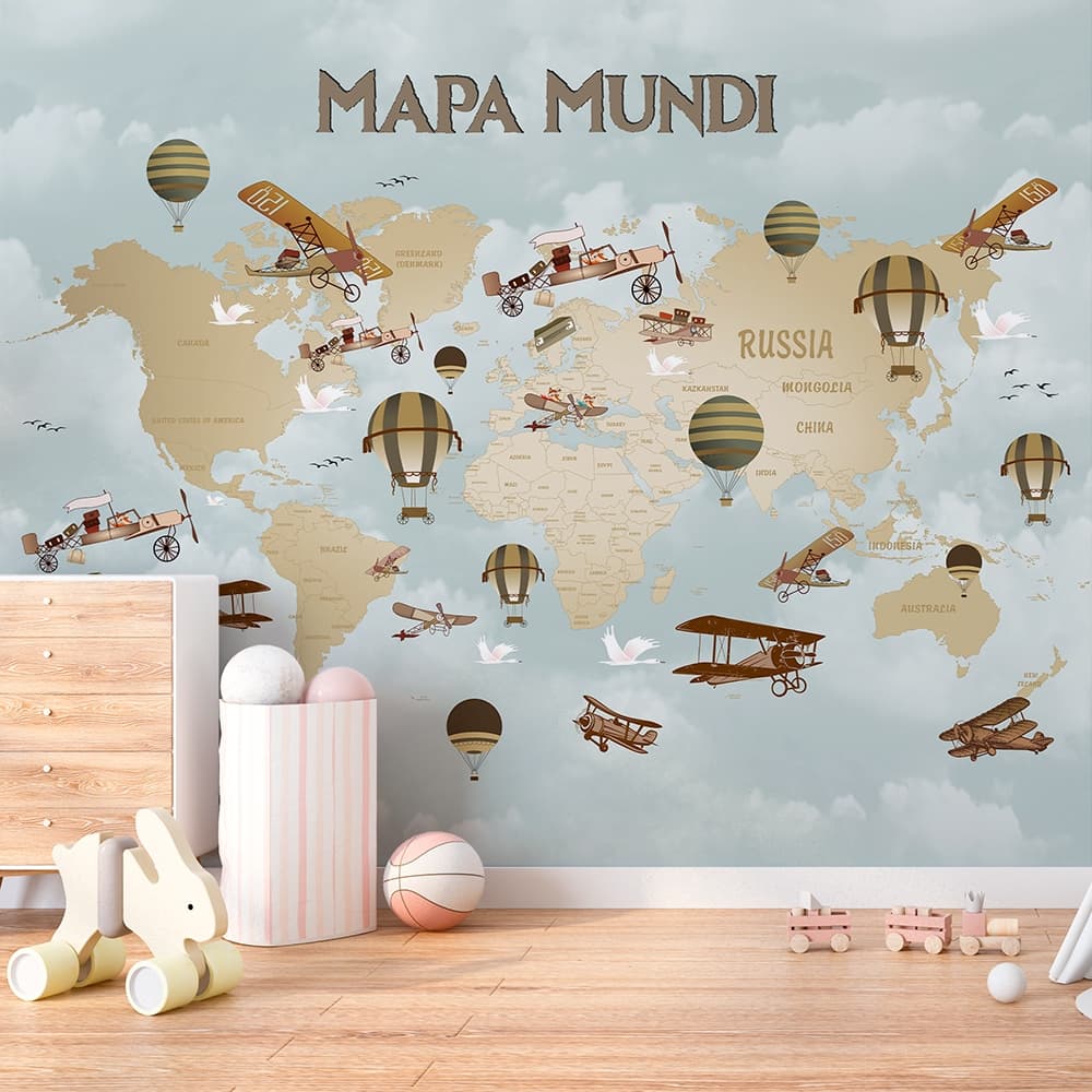 mapa múndi bege e fundo azul com aviões e balões