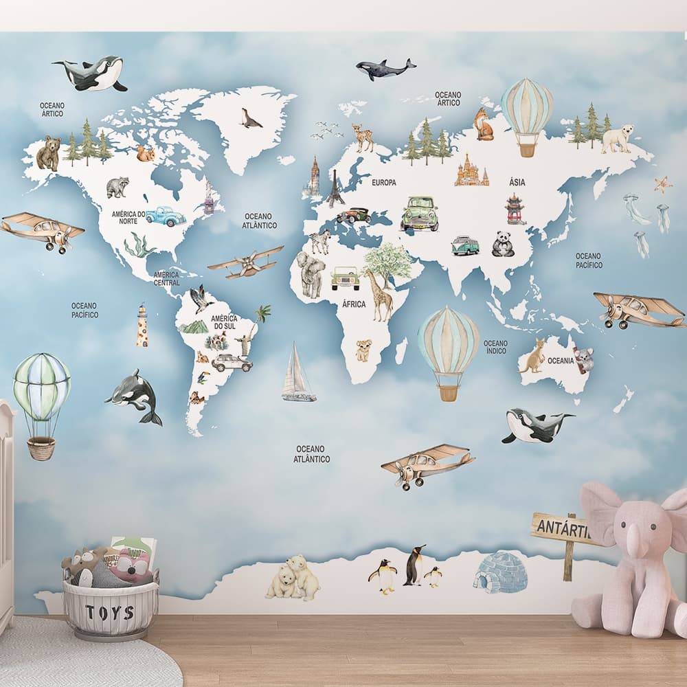mapa múndi em tons azuis com animais e balões