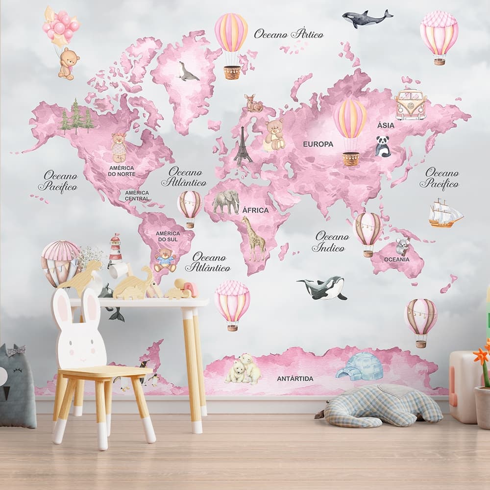 mapa múndi rosa e cinza com animais e balões