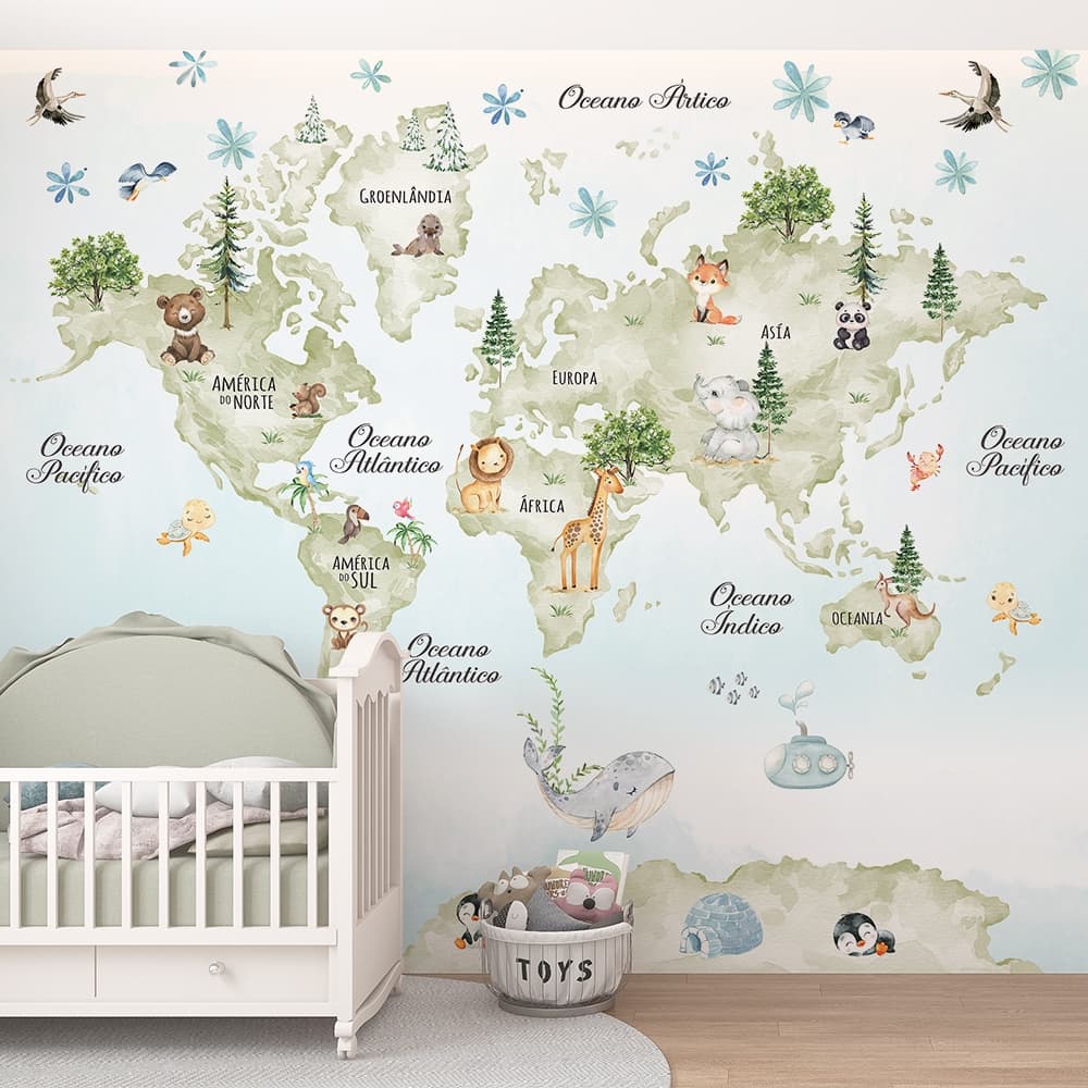 mapa múndi tons claros com animais leão raposa urso baleia