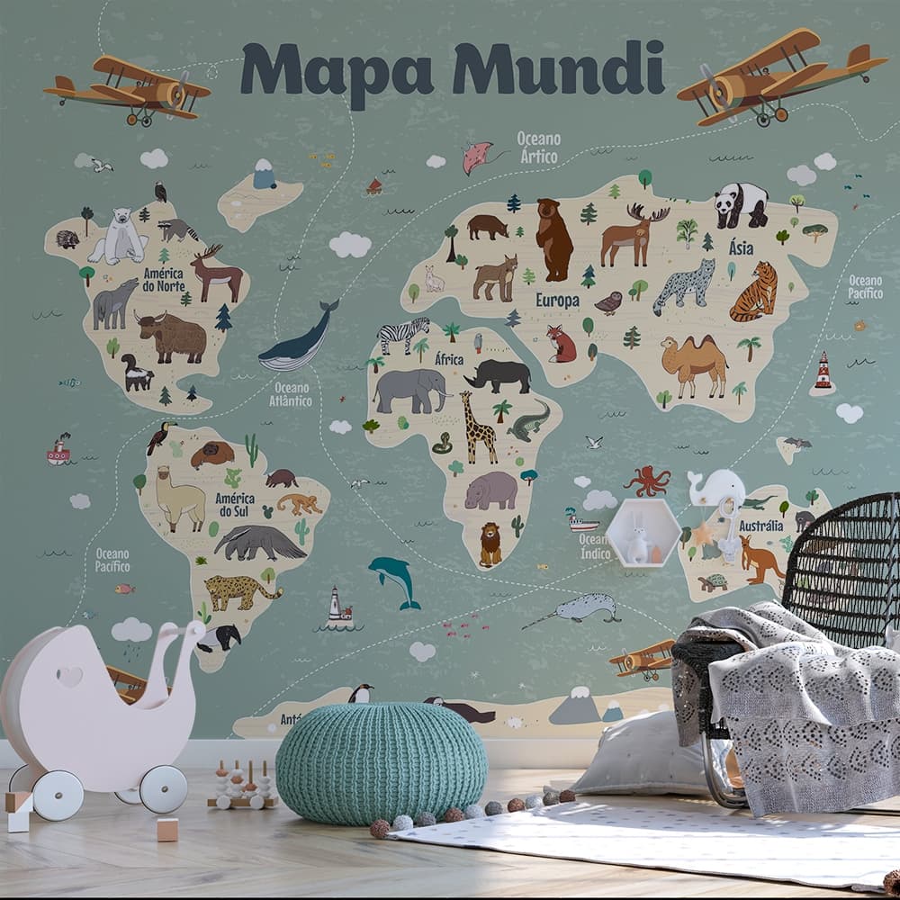 mapa mundi infantil azul animais e aviões