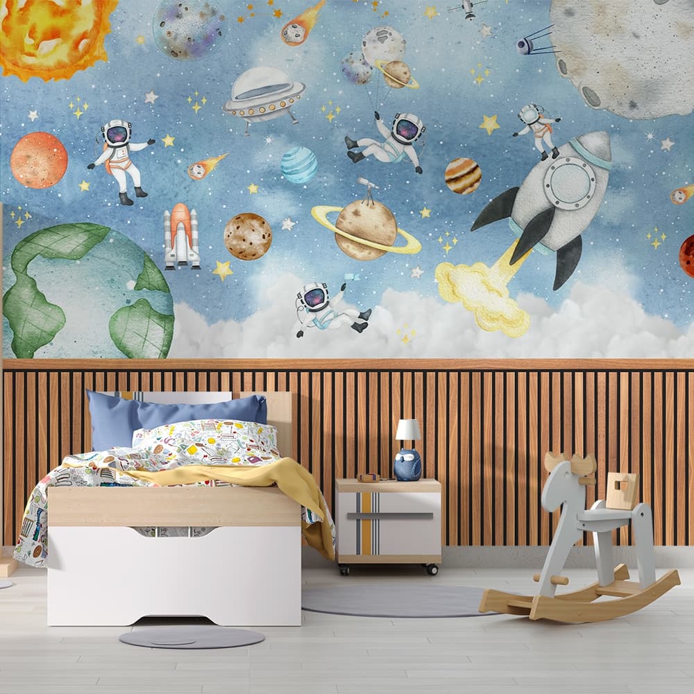 astronautas no espaço azul com foguetes e planetas