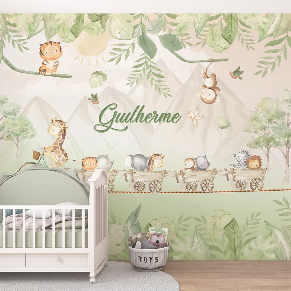 SAFARI INFANTIL COM ANIMAIS NA BICILETA EM TONS DE VERDE
