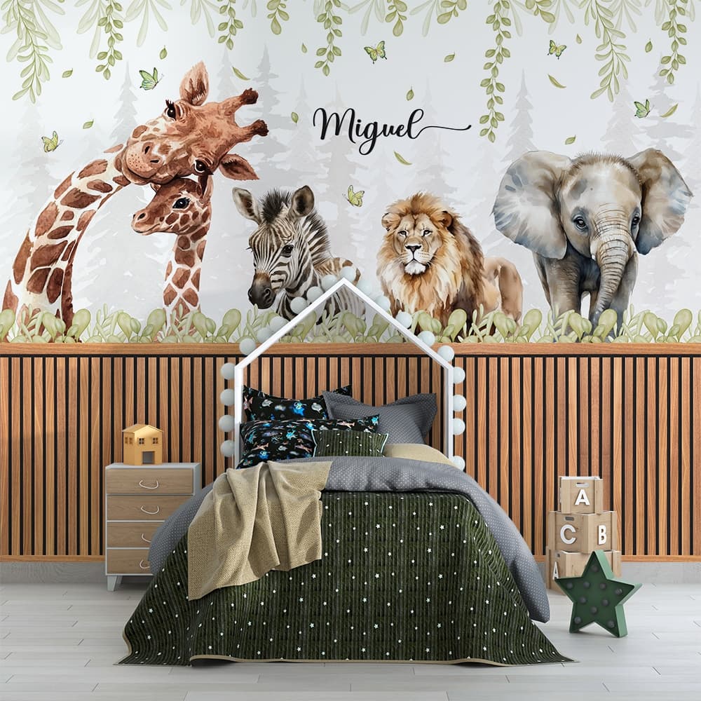 safari girafa zebra leão elefante com ramas de folhas