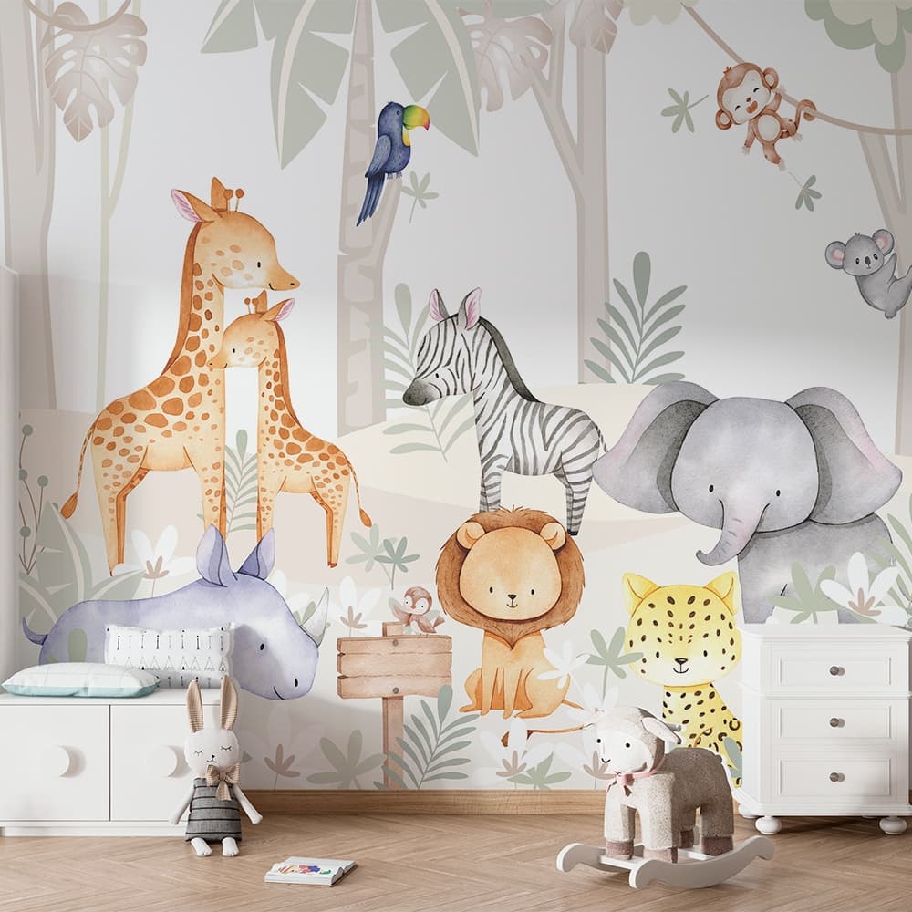 SAFARI INFANTIL EM TONS PASTEIS EM AQURELA ZEBRA ELEFANTE LEAO PÁSSAROS