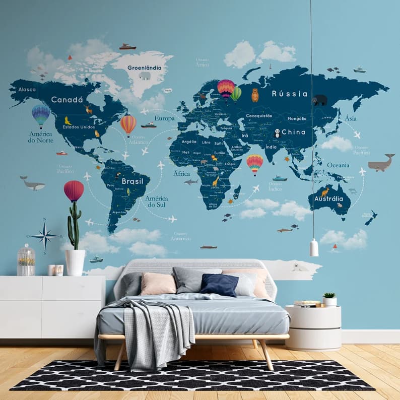 Mapa Mundi Infantil de Balões tons de azul